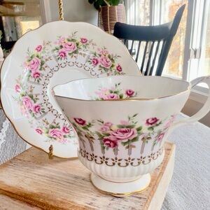 Royal Albert Green Park White and Pink Rose Bone China Teacup and Saucer